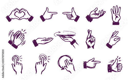 Hand Gesture Icon Set Vector Illustration - Minimalist Hand Drawn Finger Signs and Poses Pack with OK Thumb Up High Five Handshake and V-Sign Graphics Isolated