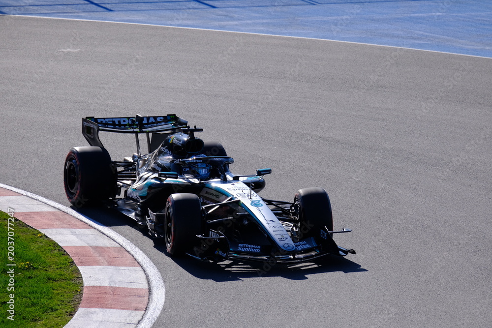 Naklejka premium May 25, 2026, Montreal, Canada, Mercedes F1 car driven by Antonelli and Russell during Formula 1 action. g.