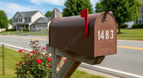 Brown mailbox with house number on a sunny suburban street