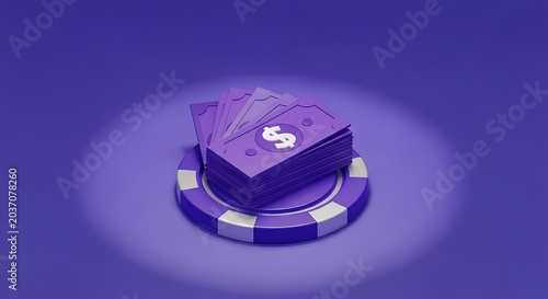3d render of purple dollar banknotes stacked on a casino chip