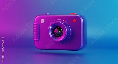 3d stylized digital camera floating on a blue and purple background