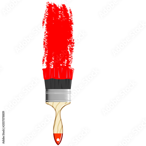 Fotografi Paintbrush featuring a wooden handle and metal ferrule stands vertically against a white backdrop while applying a thick and textured stroke of bright crimson paint downward on a clear surface