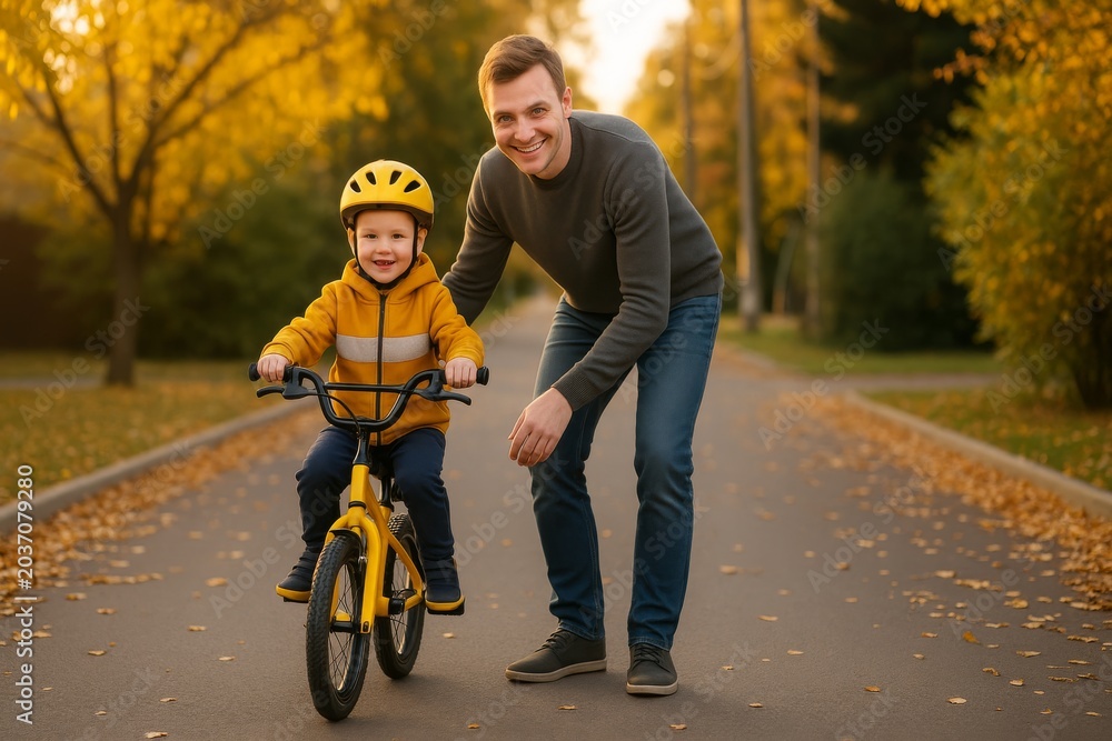 Fototapeta premium Child on a yellow bike rides along a calm park road while a smiling man runs beside, guiding. Concept of learning, support, joyful parenting. For a family safety guide