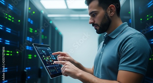 It technician monitoring network data with a tablet in a server room