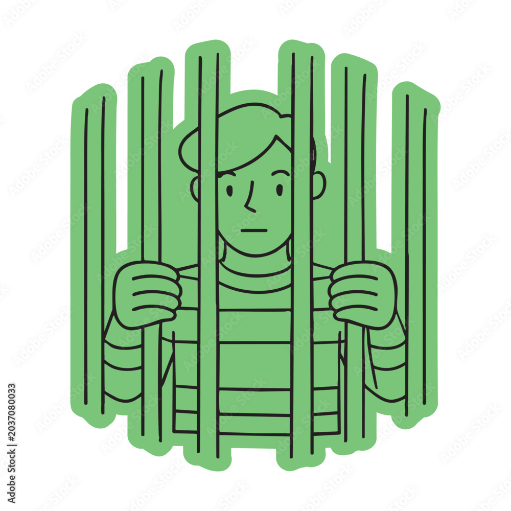 Obraz premium Prisoner Behind Jail Bars Sticker Doodle Illustration