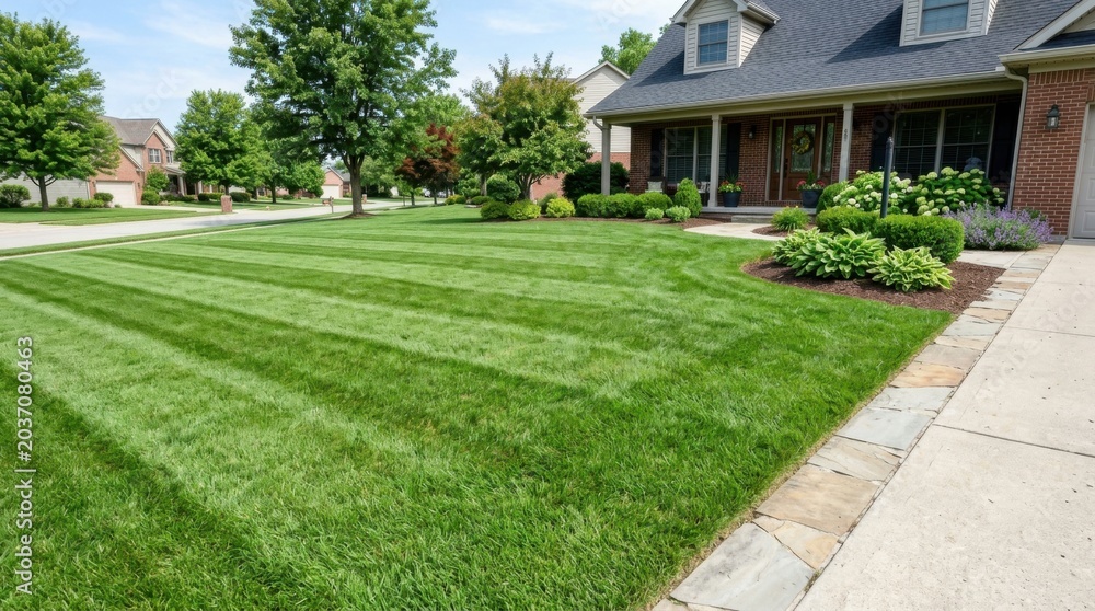 Obraz premium Recently mowed green lawn with uniform stripes in front of a brick suburban house featuring manicured landscaping, hostas, and a stone-edged driveway on a bright sunny day.