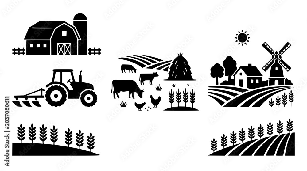 Naklejka premium Farm and Agriculture Icons Set Silhouette Vector Illustration