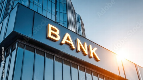 The bank's grand facade with its illuminated 'bank' sign, reflecting financial stability.