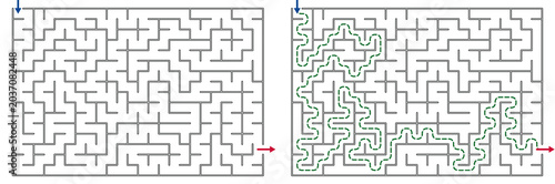 Cuadro en lienzo Maze puzzle with pathways and a solution traced in green