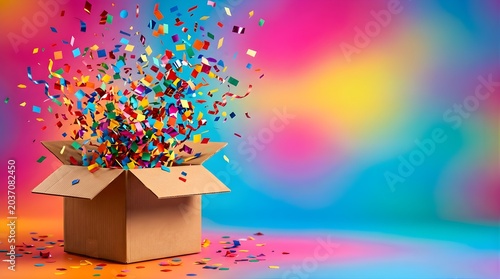 Colorful confetti exploding from a cardboard box on a vibrant background