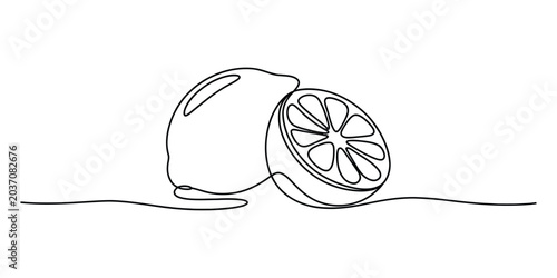 Fotografie Continuous line drawing of a whole lemon and a sliced lemon