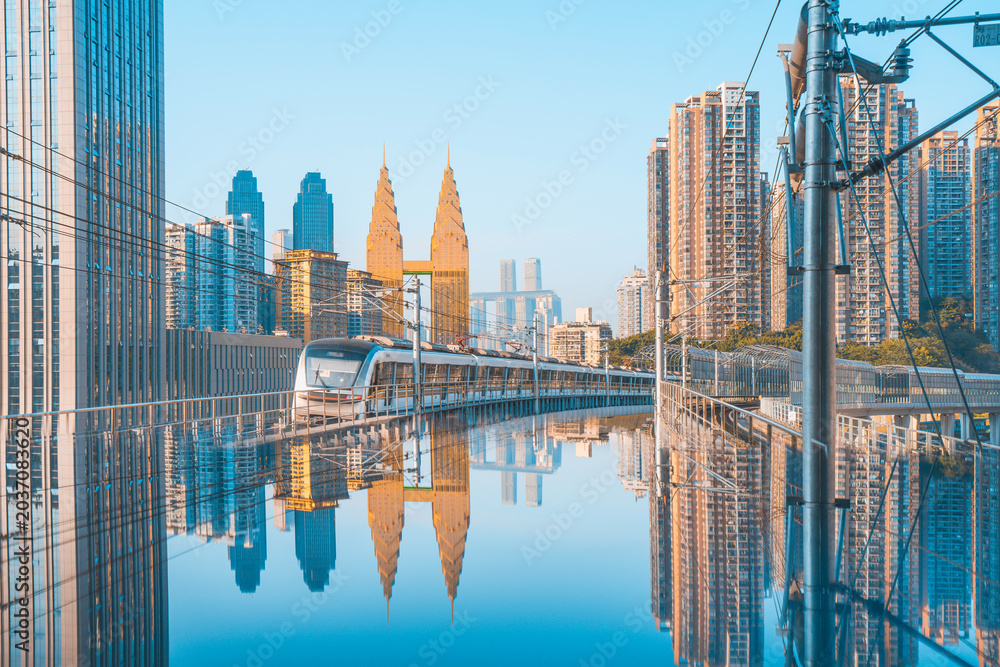 Obraz premium Light rail platform and high-rise buildings in Chongqing, China