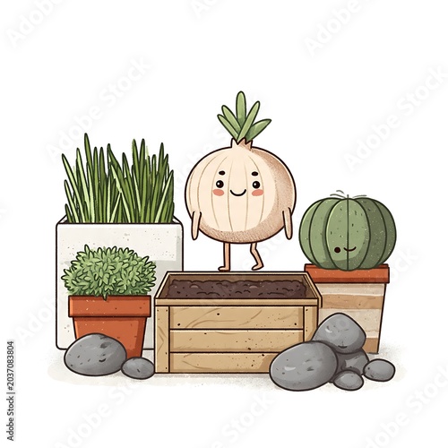 Cute flat vector illustration of a smiling plant pot with decorative stones.