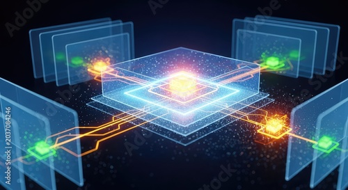 Sophisticated abstract visualization of multi-layered network security protocols with glowing data nodes and protective barriers for scaling, background, transmission, information