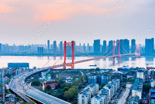 Photography Dusk of Yangtze River Parrot Island Yangtze River Bridge in Wuhan, Hubei Provinc