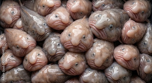 Group of blobfish stacked together in a pile displaying their unique gelatinous texture and distinctive sad facial expressions in a close up view