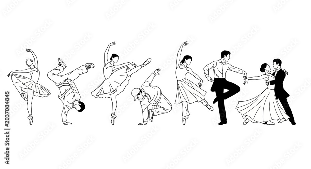 Fototapeta premium dance styles illustration featuring diverse dancers performing ballet breakdance and ballroom dance for artistic and cultural designs