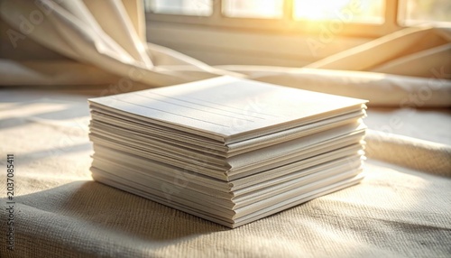 A neat stack of unbound blank voting paper sheets with horizontal lines bathed in warm sunlight