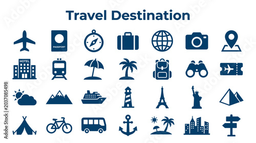 Quadro su tela Collection of travel destination icons and symbols representing different modes