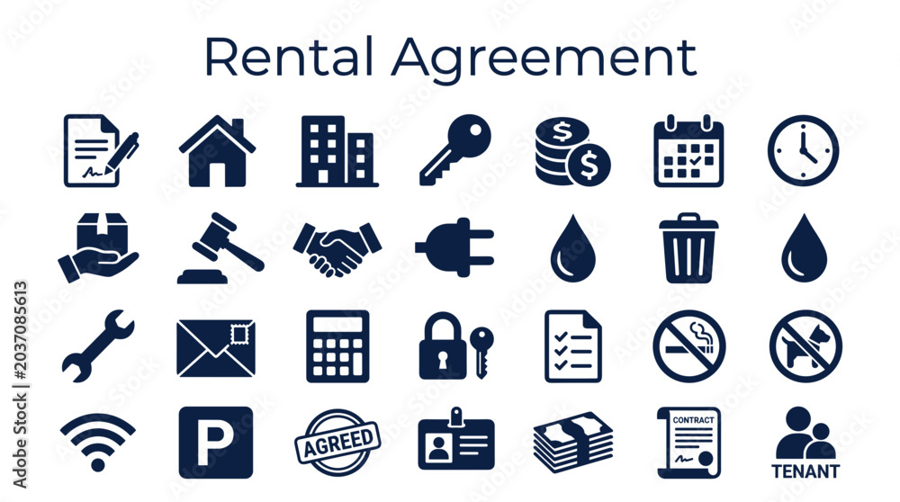 Fototapeta premium Rental Agreement Icons Set Representing Lease Terms Property Management Legal Documents and Tenant Responsibilities