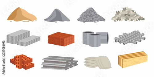 Construction building materials set. flat vector illustration with sand, cement, gravel, and stones. Cartoon graphic of bricks, wooden planks, concrete and metal pipes. Element for house renovation.