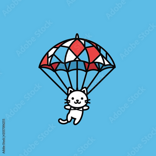 White cartoon cat skydiving with colorful parachute on blue background