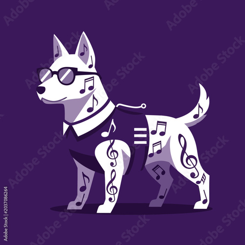 White dog wearing sunglasses and shirt with musical note patterns