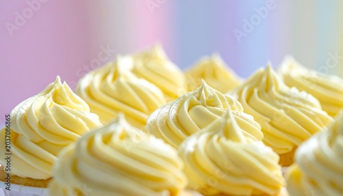 Rows of perfectly piped creamy yellow vanilla buttercream frosting swirls on delicious individual cupcakes close-up
