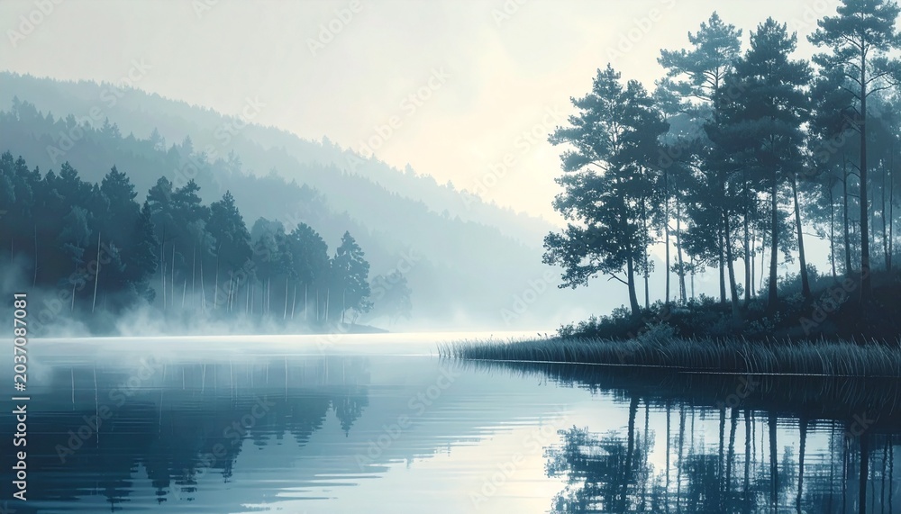 Fototapeta premium Peaceful nature scene with fog and still water, serene minimal landscape
