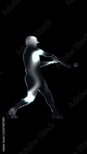 Silver metallic male baseball batter hitting pose silhouette. Alpha channel. Seamless loop video.