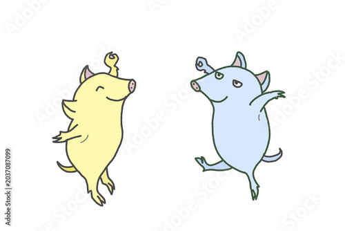 Cute Two Pigs Doing a Victory Pose Hand Drawn Illustration