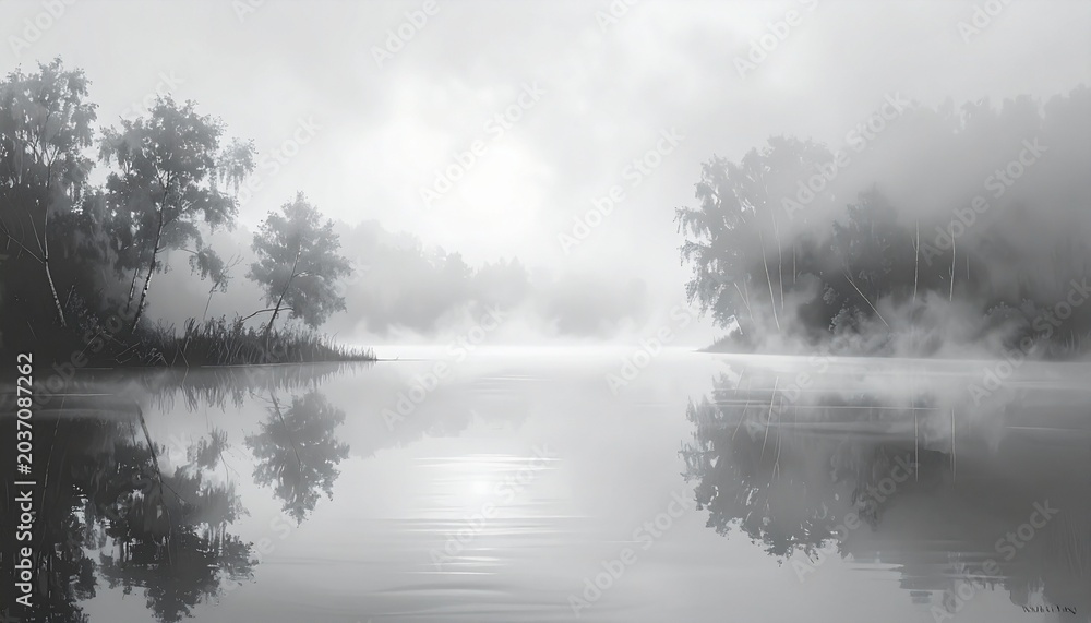 Fototapeta premium Quiet nature landscape with fog and reflective water, serene minimal scene