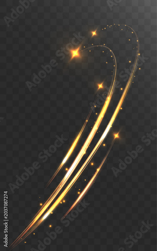 Golden Magic Light Trail With Sparkling Stars And Glowing Fairy Dust Curved Swirl Effect Isolated On Transparent Background

