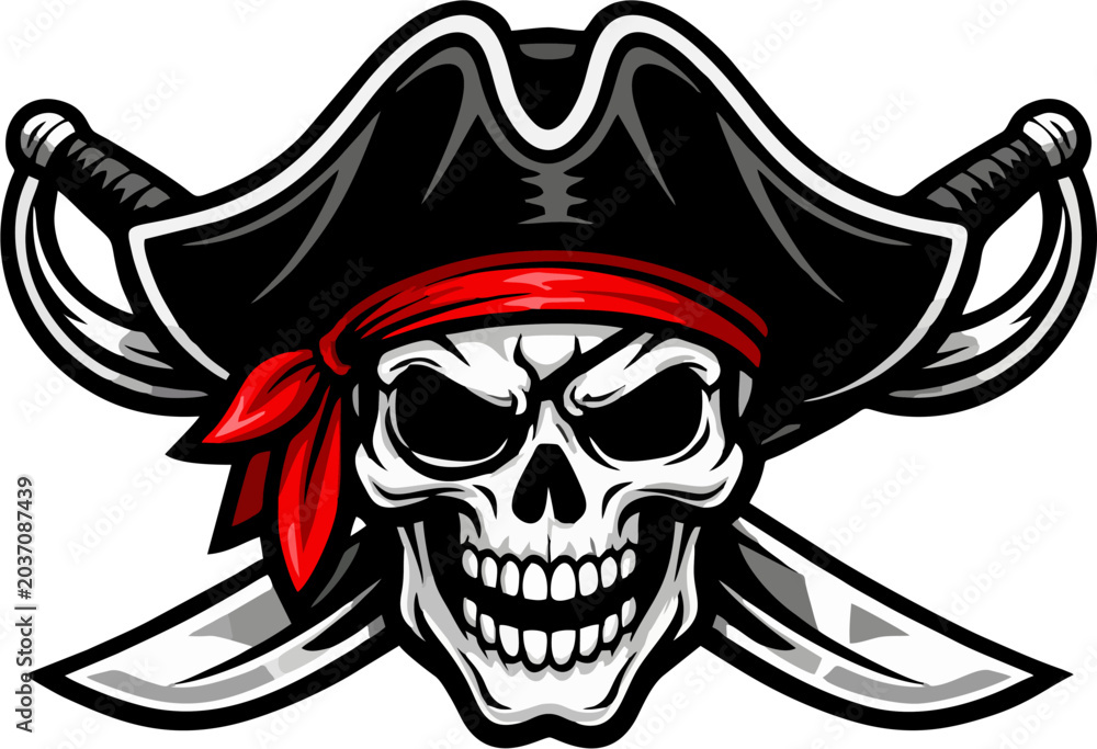 Fototapeta premium Pirate Skull with Crossed Swords Vector Illustration – Jolly Roger Skeleton Head Wearing Pirate Hat and Red Bandana Mascot Logo Design