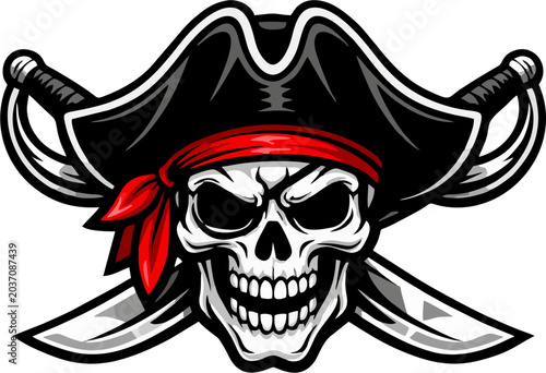 Foto Pirate Skull with Crossed Swords Vector Illustration – Jolly Roger Skeleton Head
