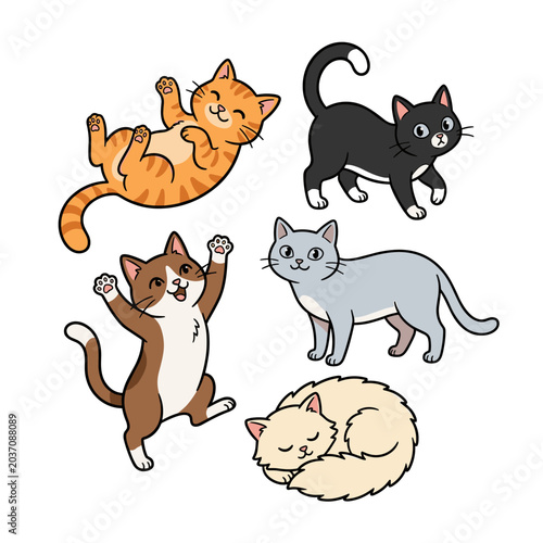 Adorable Cartoon Cats in Playful Poses A Collection of Whimsical Feline Illustrations for Various Uses