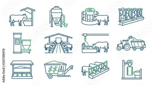 Farm machinery and animal icons.