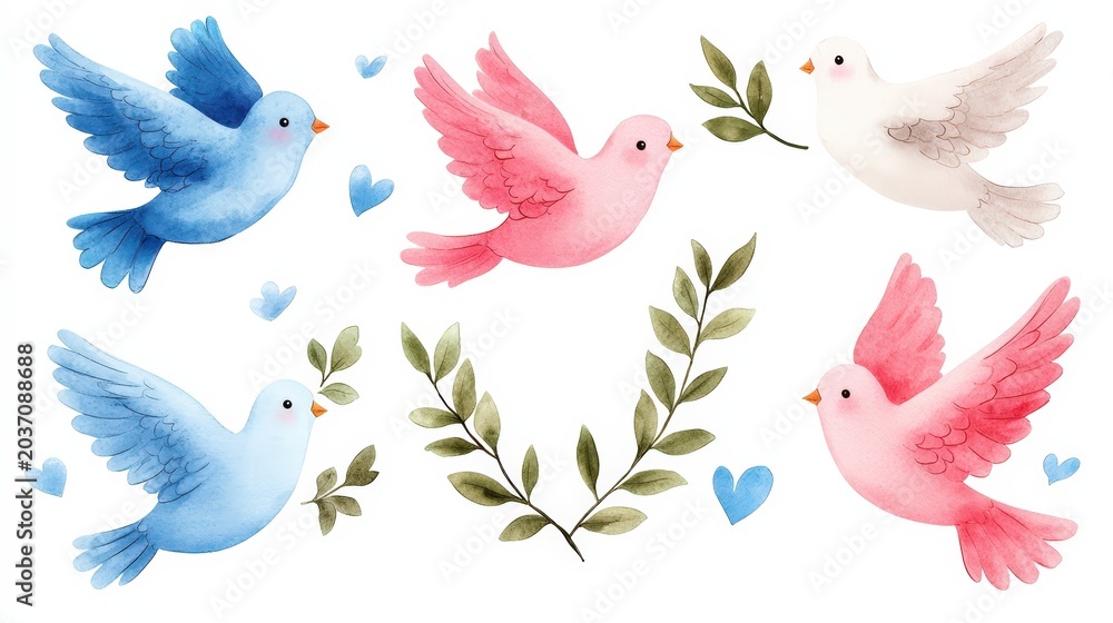 Fototapeta premium Colorful Watercolor Birds with Leaves, Hearts, and Floral Elements for Artistic Backgrounds