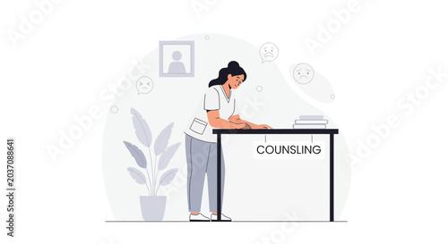 Woman at counseling desk with sad faces, therapy session, mental health concept