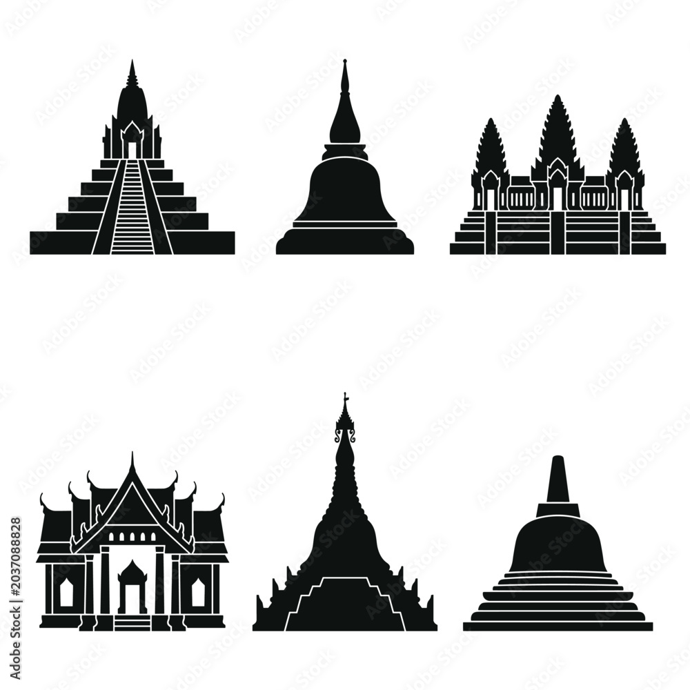 Obraz premium Collection of Six Distinct Temple Silhouettes Showcasing Architectural Styles and Cultural Heritage on a White Background