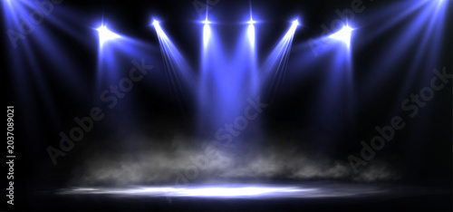 Slika na platnu Blue Stage Spotlight Beams With Dramatic Fog And Concert Lighting Effect On Dark