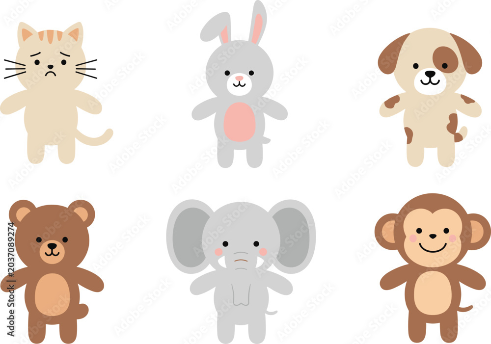 Obraz premium Cute Cartoon Animal Character Collection Vector Illustration Featuring Cat Rabbit Dog Bear Elephant and Monkey for Kids Design and Nursery Stickers