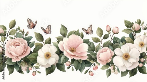 Elegant Floral Arrangement with Butterflies and Soft Color Palette for Nature and Spring Themes
