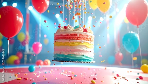 Vibrant rainbow layer cake with cascading candies and balloons at a festive party