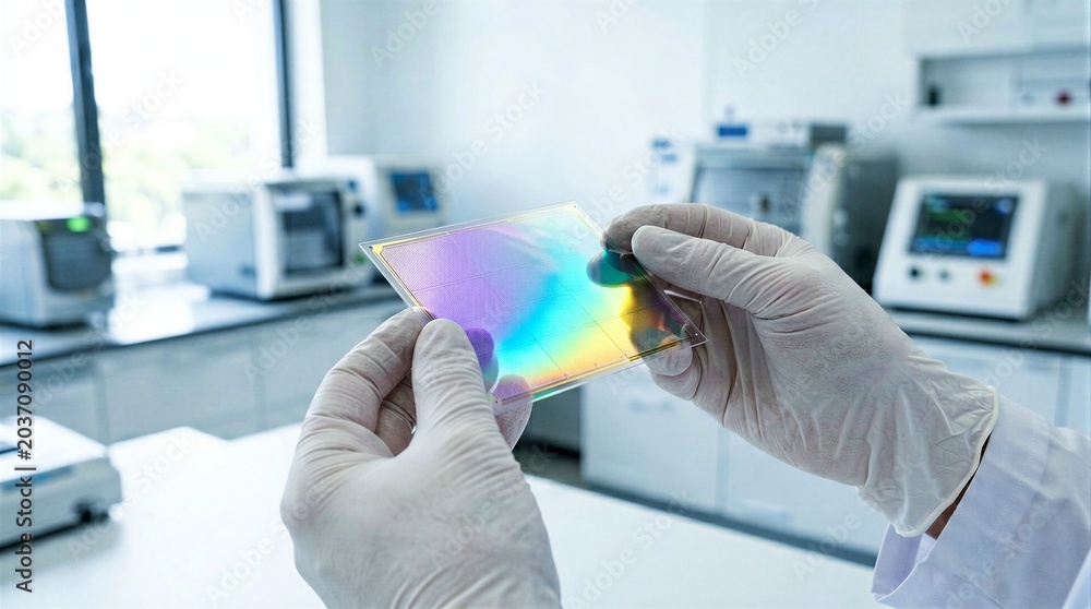 Fototapeta premium Scientist in gloves holding semiconductor wafer in laboratory, high tech innovation and research concept