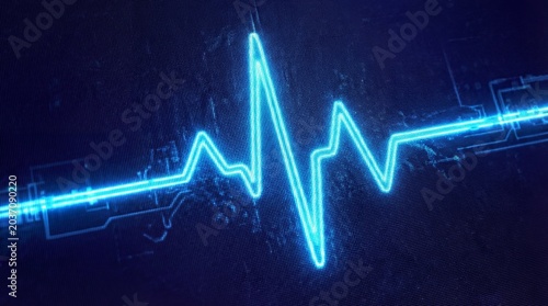 Electrocardiogram shows broken heartbeat in blue light concept. Blue heartbeat line graphic on dark background for medical themes.