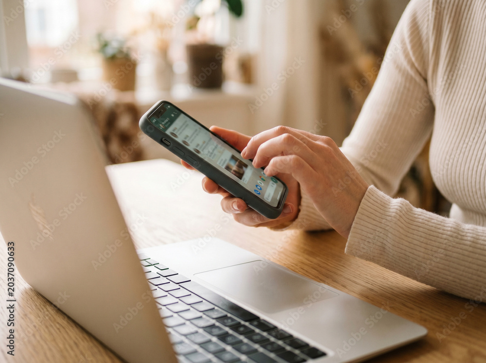 Fototapeta premium Person Using Smartphone While Laptop Open on Wooden Table in Cozy Home Office