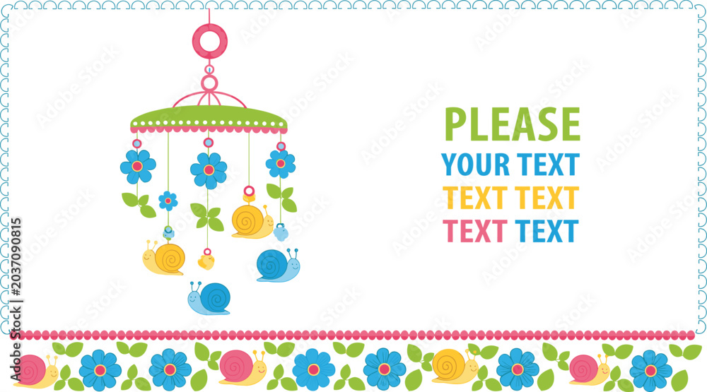Fototapeta premium Cute Nursery Baby Mobile Greeting Card Template Vector Illustration Featuring Hanging Snails Flowers Border and Copy Space for Newborn Baby Shower Designs