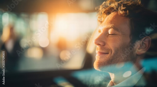 A contented man in a car basks in the warm glow of sunlight, eyes closed in pure bliss.