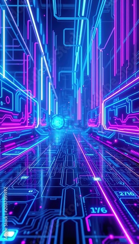 3D Render of Futuristic Neon Blue and Purple Circuit Board Data Stream Background Representing Cyberspace and Cyber Security